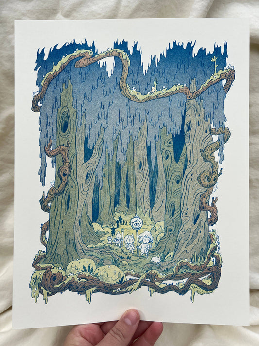 Into the Crooked Woods risograph print, woodland adventure art, Natalie Andrewson riso print, blue yellow fluorescent pink riso, forest creature illustration, whimsical woodland print, indie printmaker artwork, forest fantasy art print, narrative riso illustration, small woodland wall art, collectible riso print, Rogue & Rye artist collection.