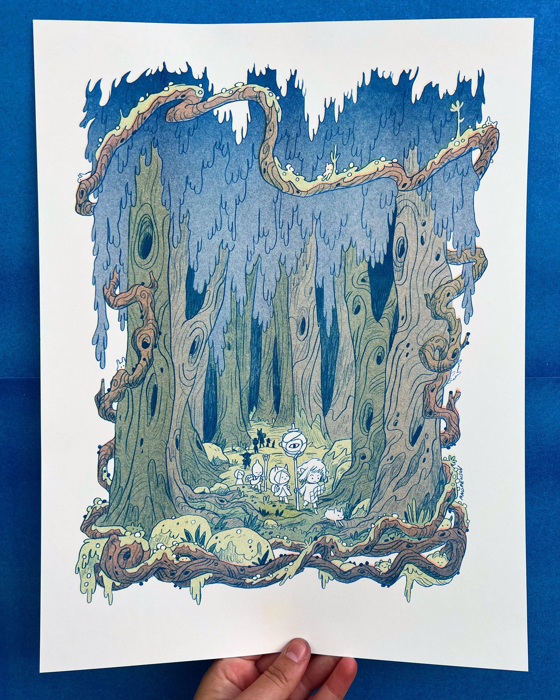 Into the Crooked Woods risograph print, woodland adventure art, Natalie Andrewson riso print, blue yellow fluorescent pink riso, forest creature illustration, whimsical woodland print, indie printmaker artwork, forest fantasy art print, narrative riso illustration, small woodland wall art, collectible riso print, Rogue & Rye artist collection.