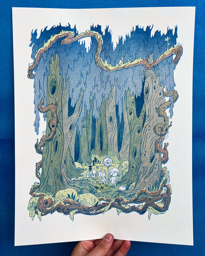 Into the Crooked Woods risograph print, woodland adventure art, Natalie Andrewson riso print, blue yellow fluorescent pink riso, forest creature illustration, whimsical woodland print, indie printmaker artwork, forest fantasy art print, narrative riso illustration, small woodland wall art, collectible riso print, Rogue & Rye artist collection.