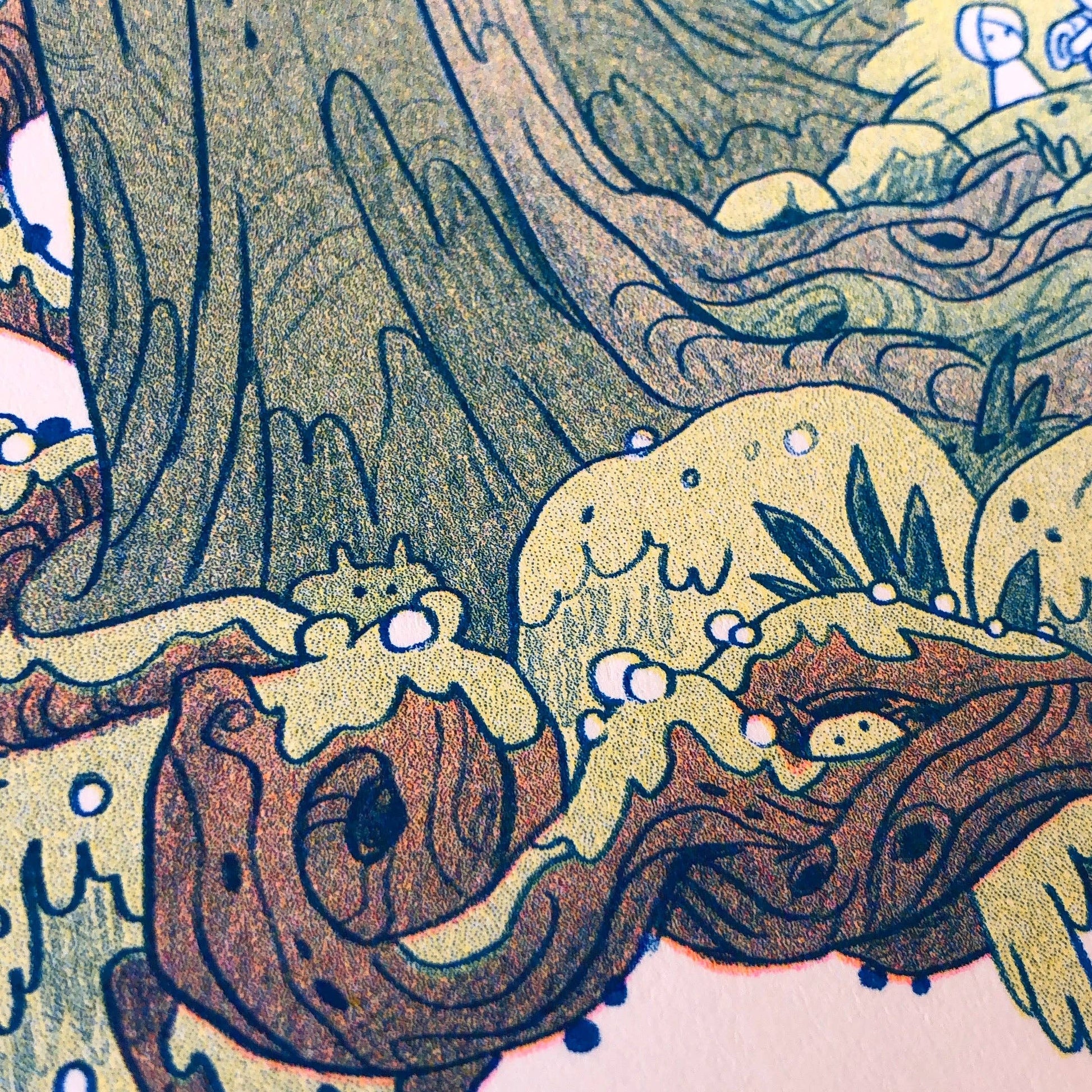 Into the Crooked Woods risograph print, woodland adventure art, Natalie Andrewson riso print, blue yellow fluorescent pink riso, forest creature illustration, whimsical woodland print, indie printmaker artwork, forest fantasy art print, narrative riso illustration, small woodland wall art, collectible riso print, Rogue & Rye artist collection.