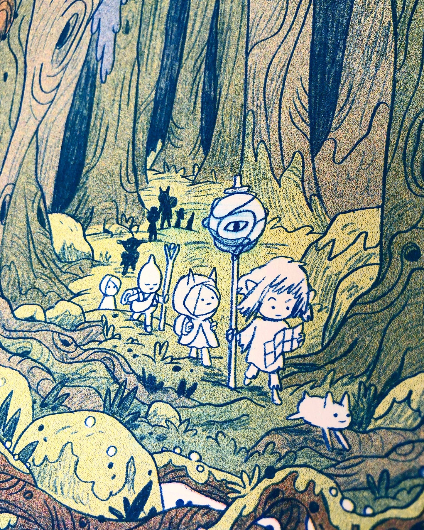 Into the Crooked Woods risograph print, woodland adventure art, Natalie Andrewson riso print, blue yellow fluorescent pink riso, forest creature illustration, whimsical woodland print, indie printmaker artwork, forest fantasy art print, narrative riso illustration, small woodland wall art, collectible riso print, Rogue & Rye artist collection.