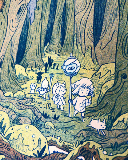 Into the Crooked Woods risograph print, woodland adventure art, Natalie Andrewson riso print, blue yellow fluorescent pink riso, forest creature illustration, whimsical woodland print, indie printmaker artwork, forest fantasy art print, narrative riso illustration, small woodland wall art, collectible riso print, Rogue & Rye artist collection.