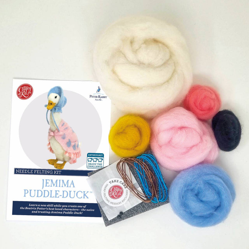 Jemima Puddle Duck needle felting kit, Beatrix Potter craft kit, handcrafted duck wool project, needle felt Jemima, 3D felting kit for adults, intermediate needle felting, Corriedale wool duck, The Crafty Kit Company Beatrix Potter, sustainable felting kit, gift for crafters and collectors