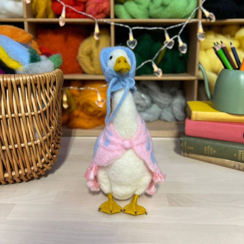 Jemima Puddle Duck needle felting kit, Beatrix Potter craft kit, handcrafted duck wool project, needle felt Jemima, 3D felting kit for adults, intermediate needle felting, Corriedale wool duck, The Crafty Kit Company Beatrix Potter, sustainable felting kit, gift for crafters and collectors
