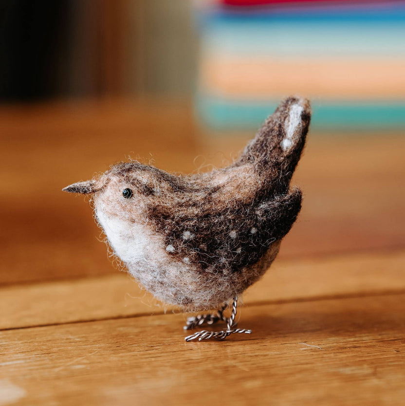Jenny Wren needle felting kit, British bird craft kit, beginner needle felting project, 3D wool bird kit, The Crafty Kit Company Scotland, sustainable needle felting kit, Corriedale wool felting, handmade wren bird, nature-inspired DIY craft, felt bird gift idea