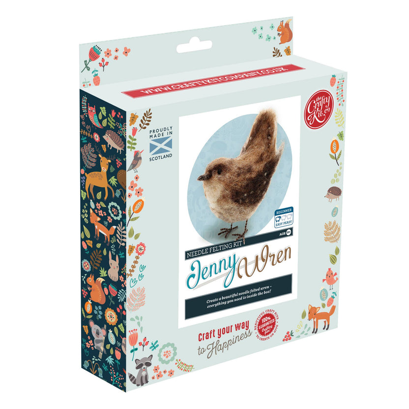 Jenny Wren needle felting kit, British bird craft kit, beginner needle felting project, 3D wool bird kit, The Crafty Kit Company Scotland, sustainable needle felting kit, Corriedale wool felting, handmade wren bird, nature-inspired DIY craft, felt bird gift idea