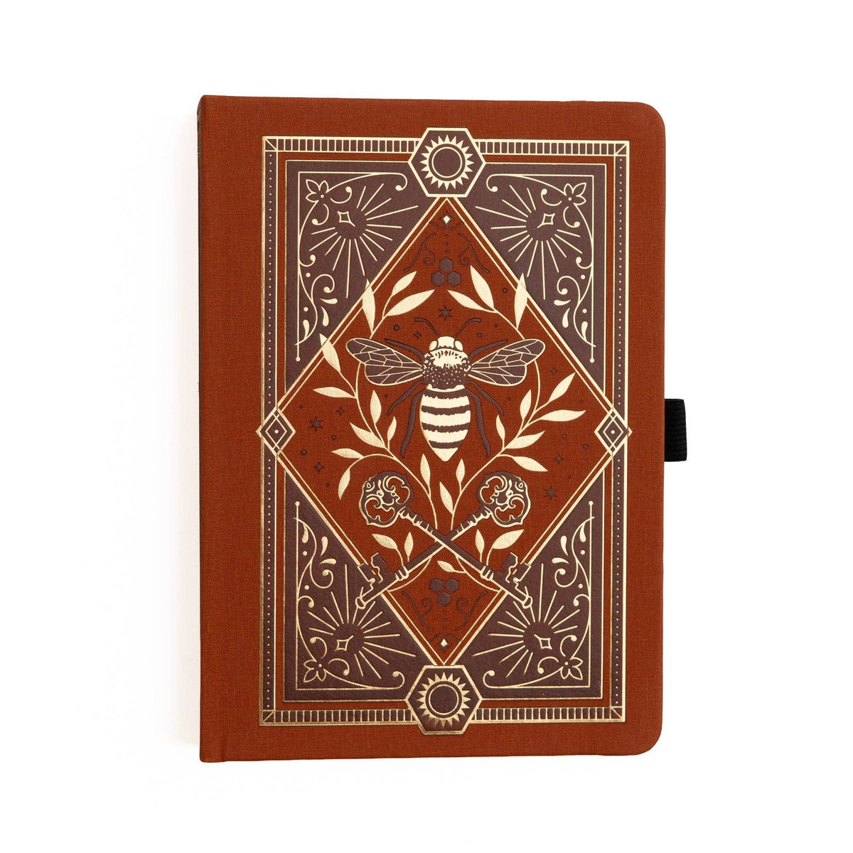 Keeper of Bees rust vegan leather journal with gold bee, key, and botanical artwork