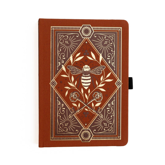 Keeper of Bees rust vegan leather journal with gold bee, key, and botanical artwork