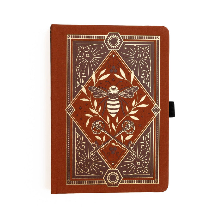 Keeper of Bees rust vegan leather journal with gold bee, key, and botanical artwork