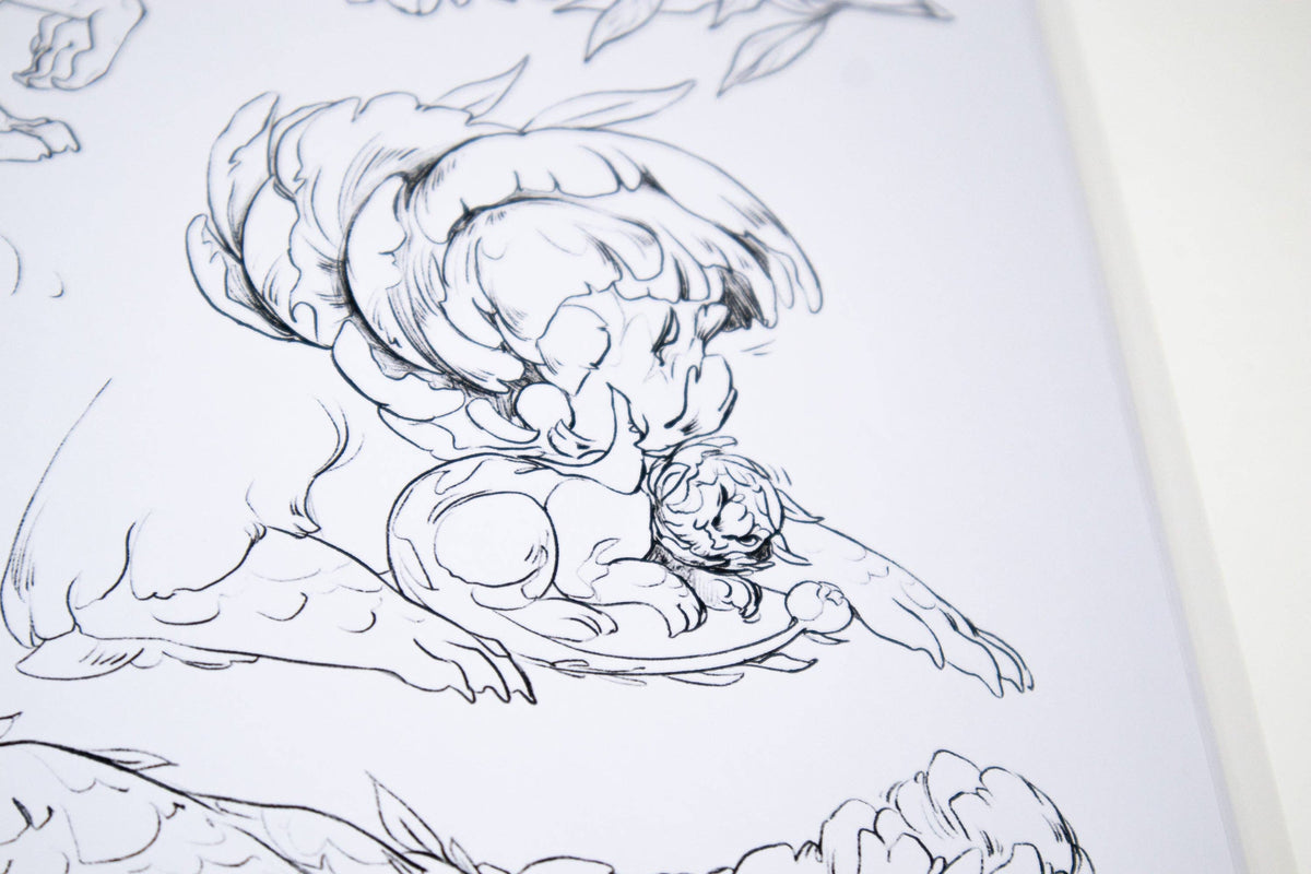 Kin Wald floral dragon illustration with intricate flowers, scales, and foliage