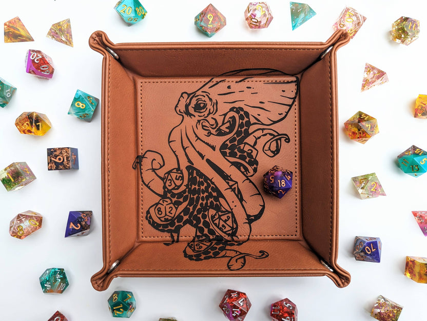 accessory tray, organize, vegan leather dice tray, Kraken of Holding tray, DnD rolling tray, RPG accessory tray, NTSD Gaming dice tray, tabletop organizer, snap dice tray, kraken themed gaming tray, vegan leather gaming accessory, North to South Designs
