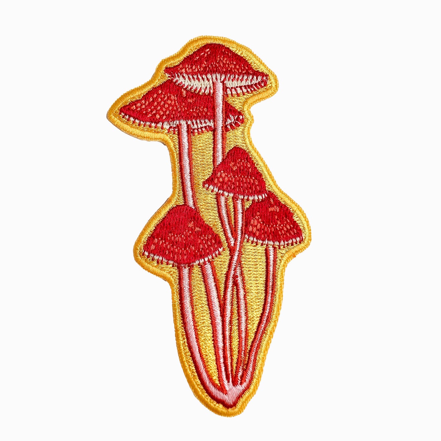 bonnet mushroom patch, embroidered mushroom patch, linocut mushroom illustration, Élise Lassonde art, mushroom iron-on patch, fungi sew-on patch, woodland embroidered patch, tall mushroom applique, backpack patch mushroom, cottagecore mushroom accessory, artisan embroidered patch, blackbird letterpress patch, nature lover gift, rogue & rye mushroom collection, embroidered bonnet mushroom