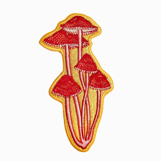 bonnet mushroom patch, embroidered mushroom patch, linocut mushroom illustration, Élise Lassonde art, mushroom iron-on patch, fungi sew-on patch, woodland embroidered patch, tall mushroom applique, backpack patch mushroom, cottagecore mushroom accessory, artisan embroidered patch, blackbird letterpress patch, nature lover gift, rogue & rye mushroom collection, embroidered bonnet mushroom