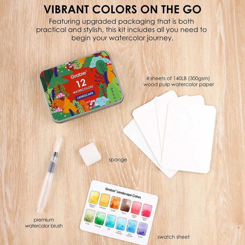travel watercolor kit, portable watercolor set, landscape painting set, beginner watercolor box, outdoor art supplies, 12-color watercolor palette, cotton watercolor paper book, hot press watercolor pad, watercolor kit for adults, on-the-go art supplies, watercolor club box