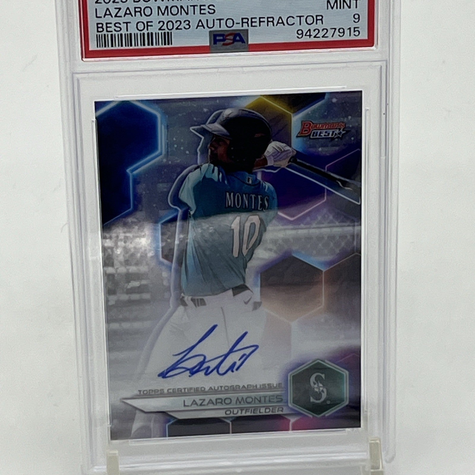 Lazaro Montes On Card Auto 2023 Bowman Best Refractor PSA 9 #B23-LM RC Mariners Here’s your SEO keyword block and image file name for the Lazaro Montes 2023 Bowman’s Best Refractor PSA 9 Autograph Card:

🔑 SEO Keyword Block:
Lazaro Montes rookie card, Lazaro Montes auto PSA 9, 2023 Bowman’s Best Refractor RC, Mariners autograph card, on-card auto Bowman Best, PSA graded baseball cards, Topps Bowman Montes RC, hard-signed auto RC, MLB prospect cards, Seattle Mariners rookie