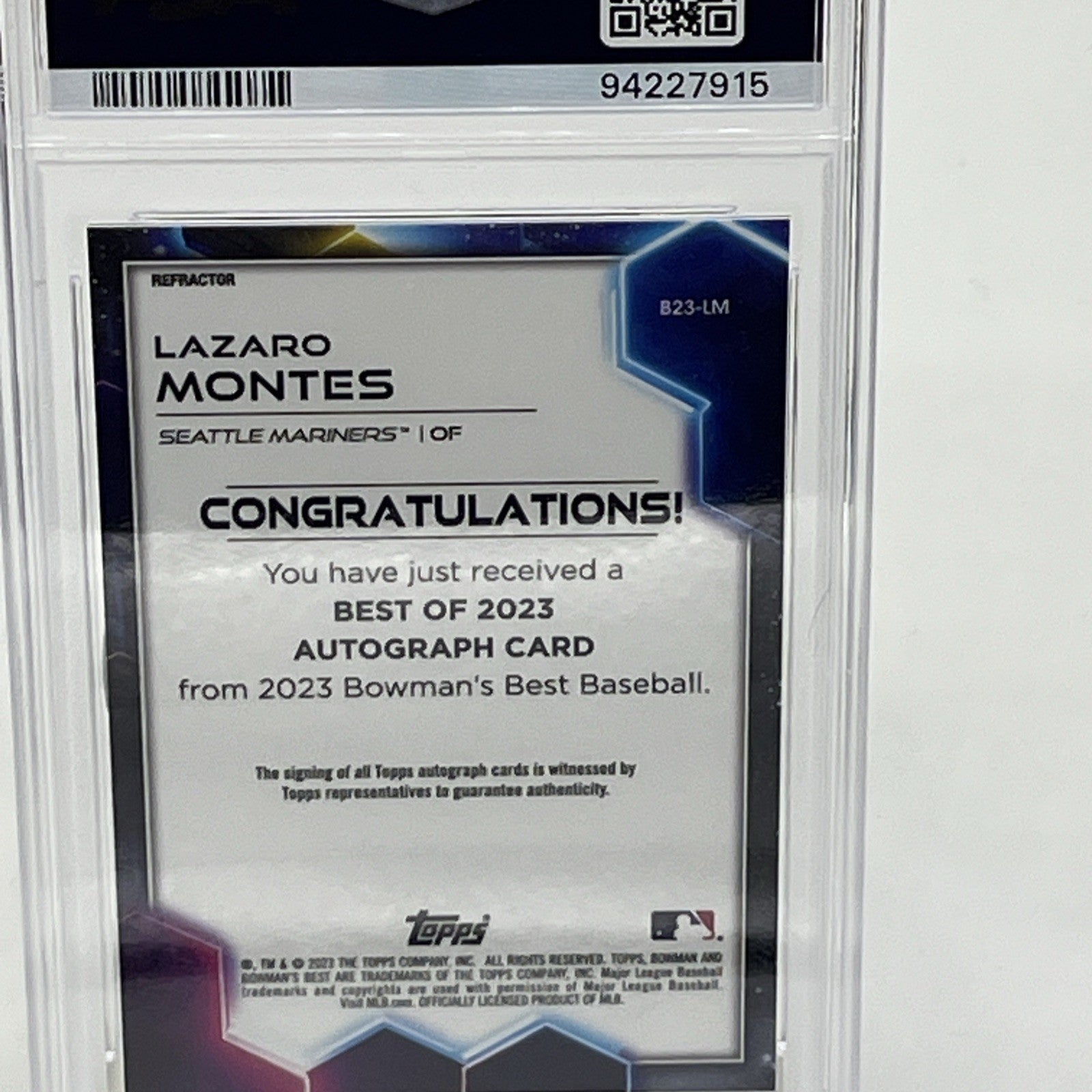 Lazaro Montes On Card Auto 2023 Bowman Best Refractor PSA 9 #B23-LM RC Mariners Here’s your SEO keyword block and image file name for the Lazaro Montes 2023 Bowman’s Best Refractor PSA 9 Autograph Card:

🔑 SEO Keyword Block:
Lazaro Montes rookie card, Lazaro Montes auto PSA 9, 2023 Bowman’s Best Refractor RC, Mariners autograph card, on-card auto Bowman Best, PSA graded baseball cards, Topps Bowman Montes RC, hard-signed auto RC, MLB prospect cards, Seattle Mariners rookie