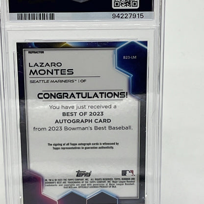 Lazaro Montes On Card Auto 2023 Bowman Best Refractor PSA 9 #B23-LM RC Mariners Here’s your SEO keyword block and image file name for the Lazaro Montes 2023 Bowman’s Best Refractor PSA 9 Autograph Card:

🔑 SEO Keyword Block:
Lazaro Montes rookie card, Lazaro Montes auto PSA 9, 2023 Bowman’s Best Refractor RC, Mariners autograph card, on-card auto Bowman Best, PSA graded baseball cards, Topps Bowman Montes RC, hard-signed auto RC, MLB prospect cards, Seattle Mariners rookie