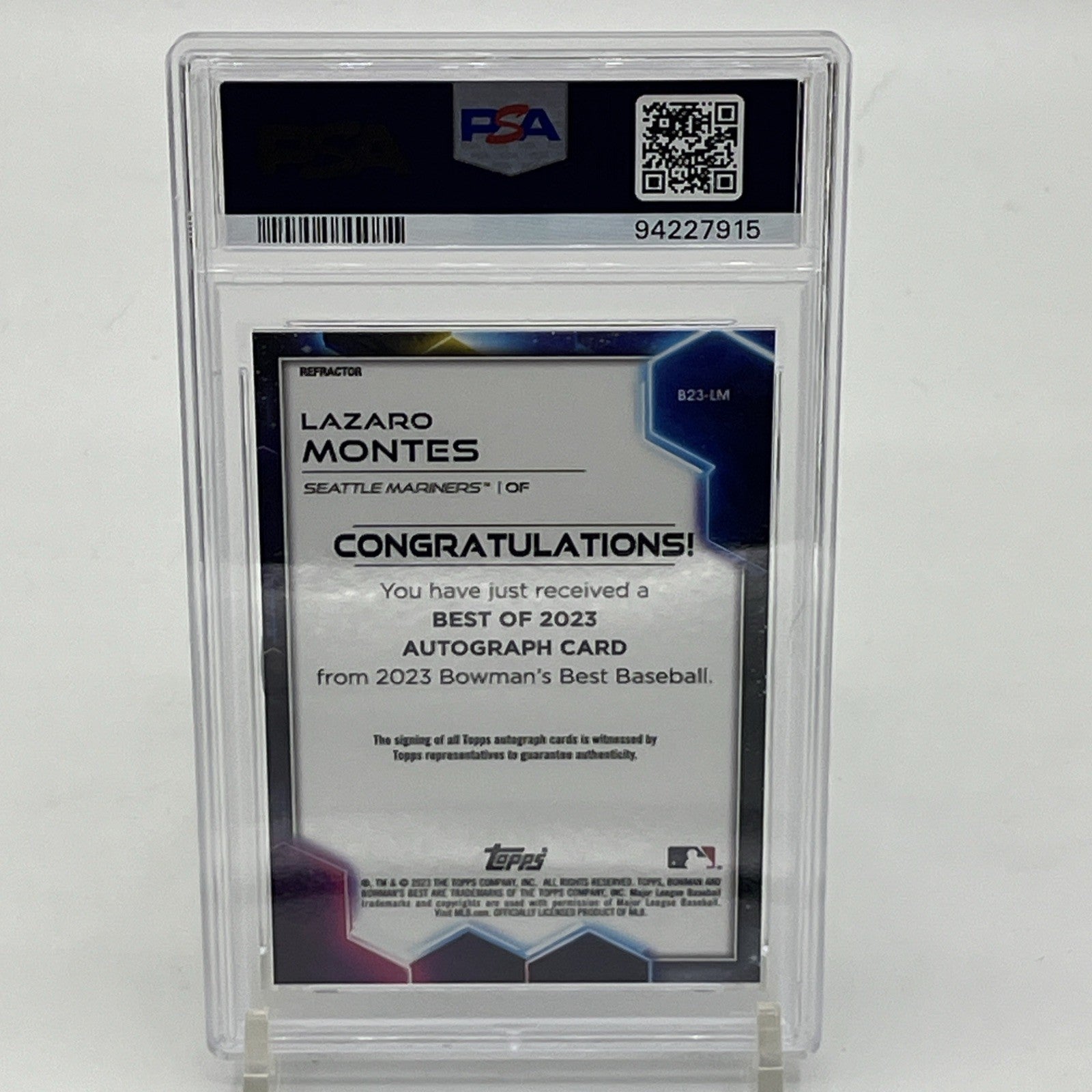 Lazaro Montes On Card Auto 2023 Bowman Best Refractor PSA 9 #B23-LM RC Mariners Here’s your SEO keyword block and image file name for the Lazaro Montes 2023 Bowman’s Best Refractor PSA 9 Autograph Card:

🔑 SEO Keyword Block:
Lazaro Montes rookie card, Lazaro Montes auto PSA 9, 2023 Bowman’s Best Refractor RC, Mariners autograph card, on-card auto Bowman Best, PSA graded baseball cards, Topps Bowman Montes RC, hard-signed auto RC, MLB prospect cards, Seattle Mariners rookie