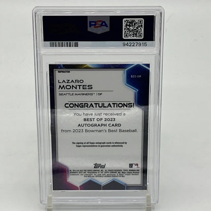 Lazaro Montes On Card Auto 2023 Bowman Best Refractor PSA 9 #B23-LM RC Mariners Here’s your SEO keyword block and image file name for the Lazaro Montes 2023 Bowman’s Best Refractor PSA 9 Autograph Card:

🔑 SEO Keyword Block:
Lazaro Montes rookie card, Lazaro Montes auto PSA 9, 2023 Bowman’s Best Refractor RC, Mariners autograph card, on-card auto Bowman Best, PSA graded baseball cards, Topps Bowman Montes RC, hard-signed auto RC, MLB prospect cards, Seattle Mariners rookie