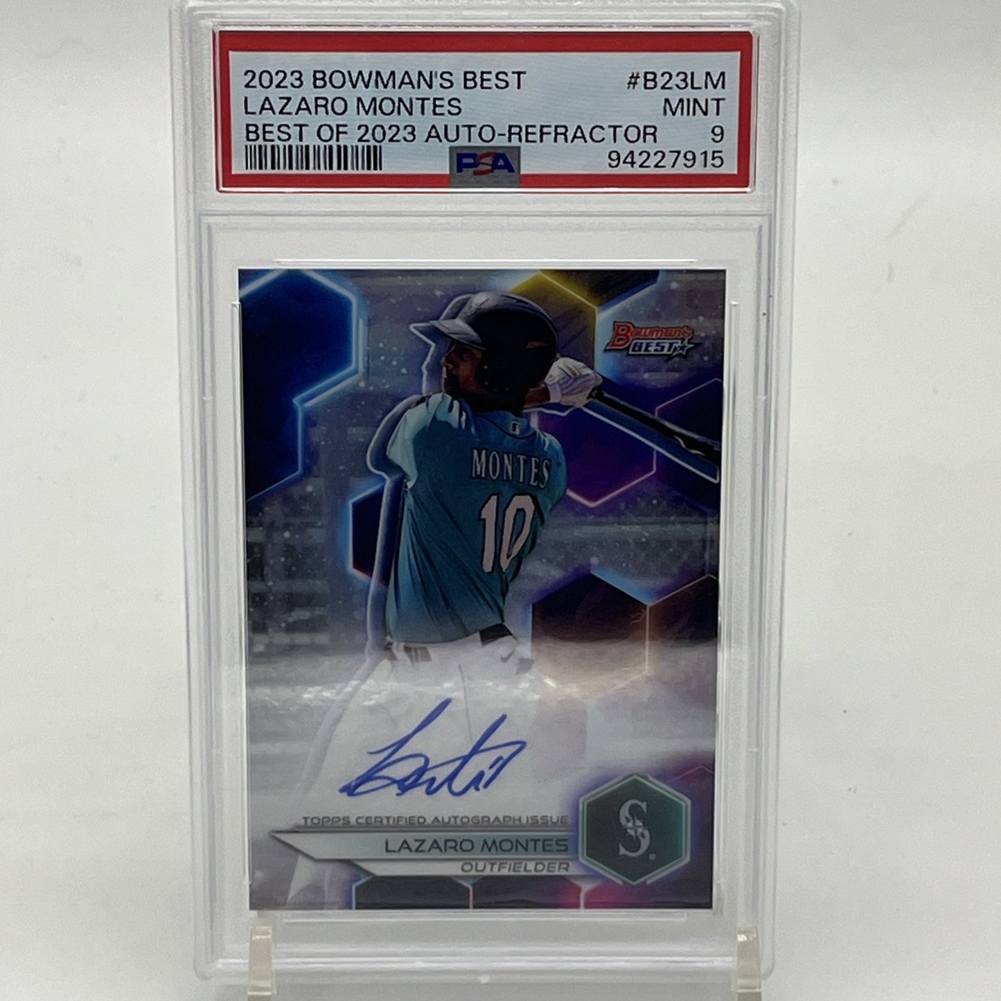 Lazaro Montes On Card Auto 2023 Bowman Best Refractor PSA 9 #B23-LM RC Mariners Here’s your SEO keyword block and image file name for the Lazaro Montes 2023 Bowman’s Best Refractor PSA 9 Autograph Card:

🔑 SEO Keyword Block:
Lazaro Montes rookie card, Lazaro Montes auto PSA 9, 2023 Bowman’s Best Refractor RC, Mariners autograph card, on-card auto Bowman Best, PSA graded baseball cards, Topps Bowman Montes RC, hard-signed auto RC, MLB prospect cards, Seattle Mariners rookie