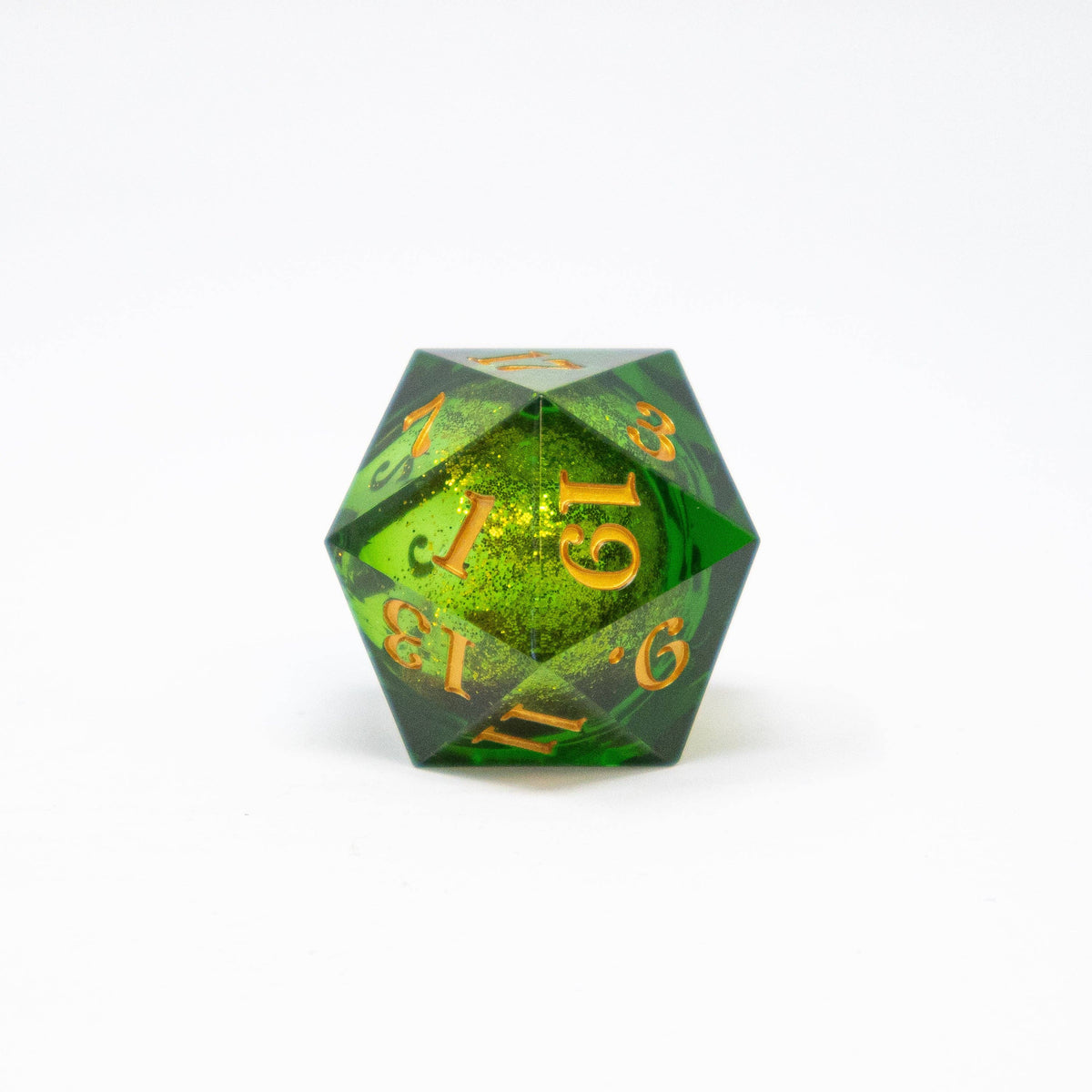 Leaf Green Floral Dragons liquid-core d20 showing botanical details