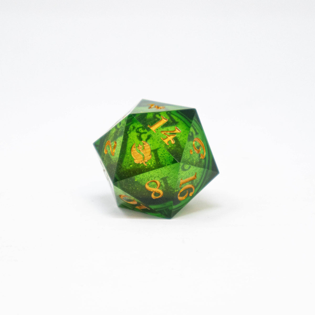 Large translucent green d20 with swirling gold glitter liquid core