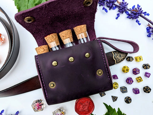 leather dice pouch, DnD potion pouch, cosplay belt pouch, NTSD leather pouch, Ren Faire accessories, dice vial pouch, genuine leather game pouch, foraging pouch, tabletop RPG gear, glass vial dice pouch
