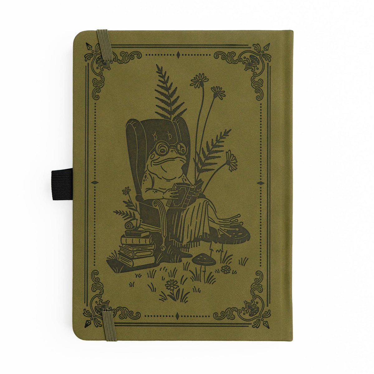 Back cover of Literary Frog notebook with woodland reading illustration