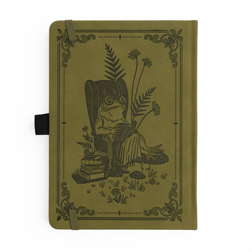 Back cover of Literary Frog notebook with woodland reading illustration
