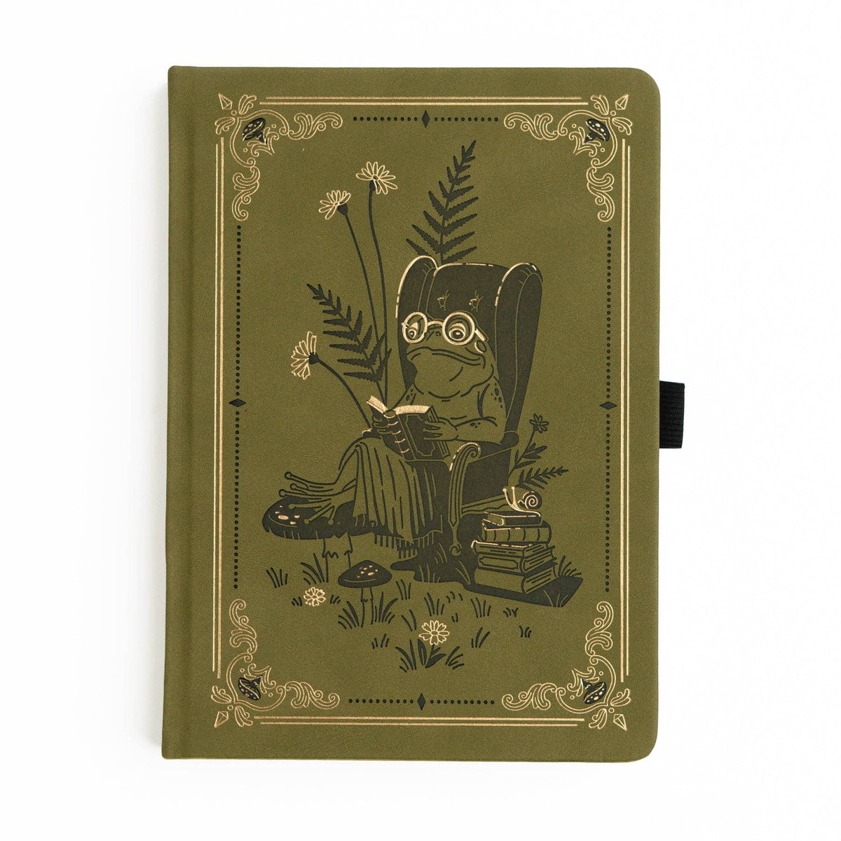 Olive Literary Frog notebook with vintage storybook-inspired gold detailing