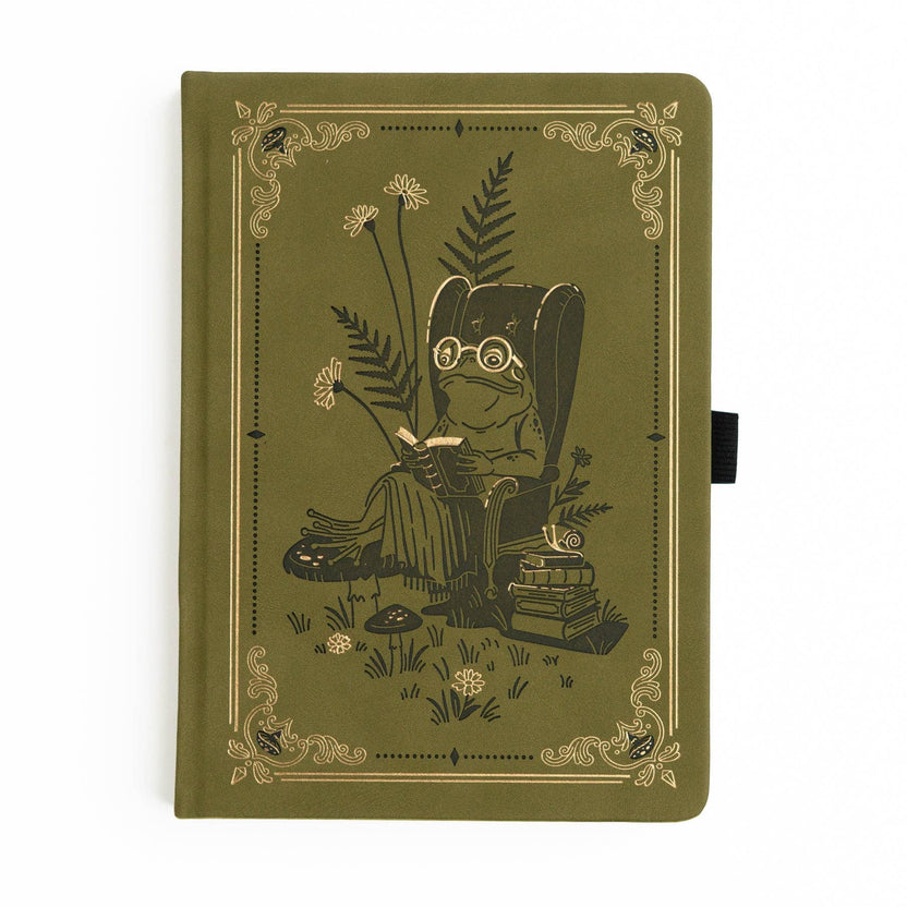 Olive Literary Frog notebook with vintage storybook-inspired gold detailing