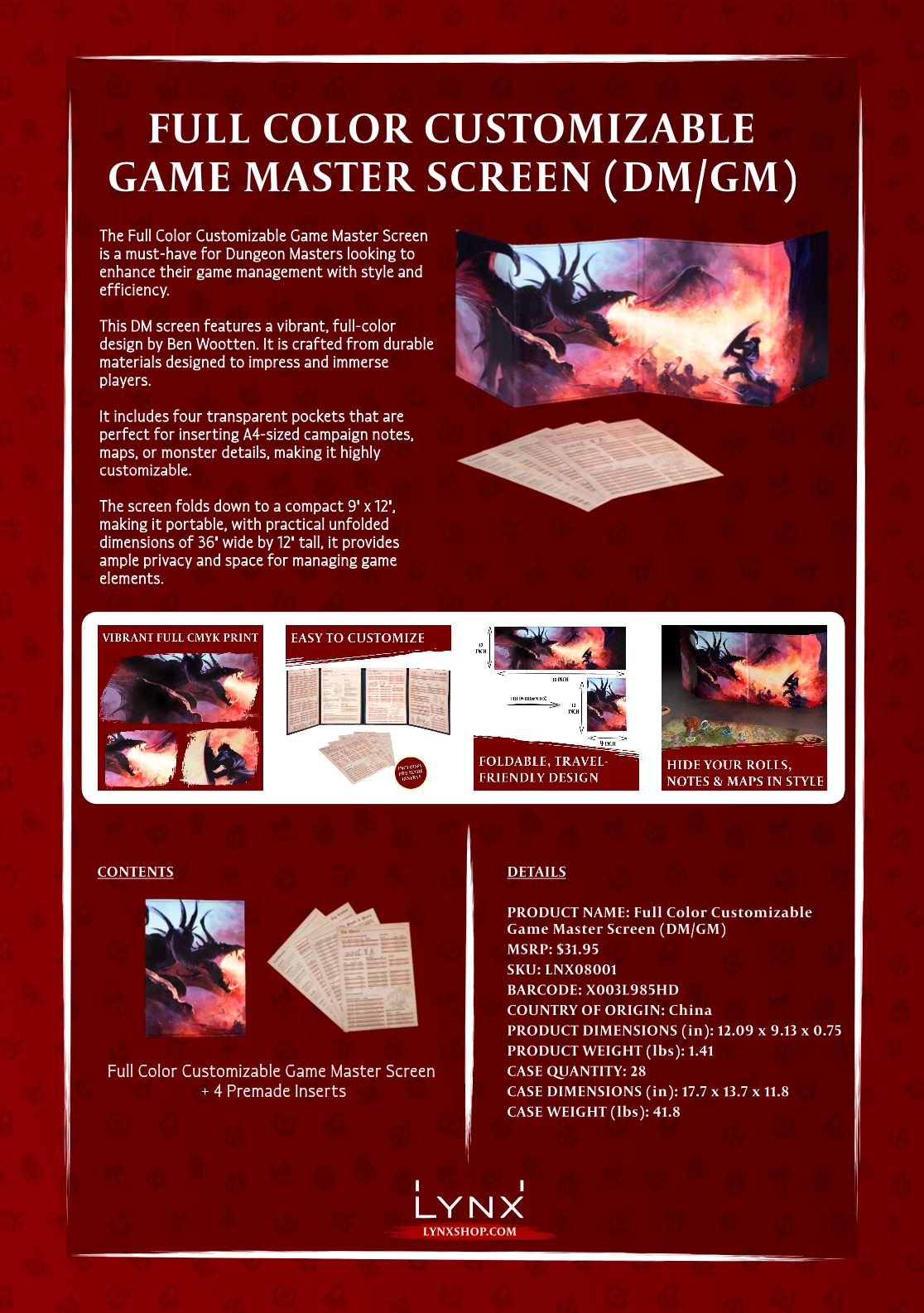 full color customizable DM screen, customizable DM screen, dungeon master screen with pockets, GM screen with inserts, DM screen transparent pockets, DM screen A4 inserts, travel friendly DM screen, folding DM screen 9x12, 36 inch wide DM screen, tabletop RPG game master screen, Dungeons and Dragons DM screen, TTRPG accessories, dungeon master tools, game master accessories, DM screen gift, gift for dungeon masters, campaign notes organizer, portable RPG screen, Lynx DM screen, LNX08001, X003L985HD, rolepla