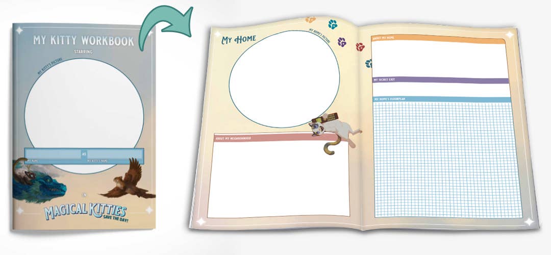 Open Magical Kitties workbook pages for recording hometown and campaign details