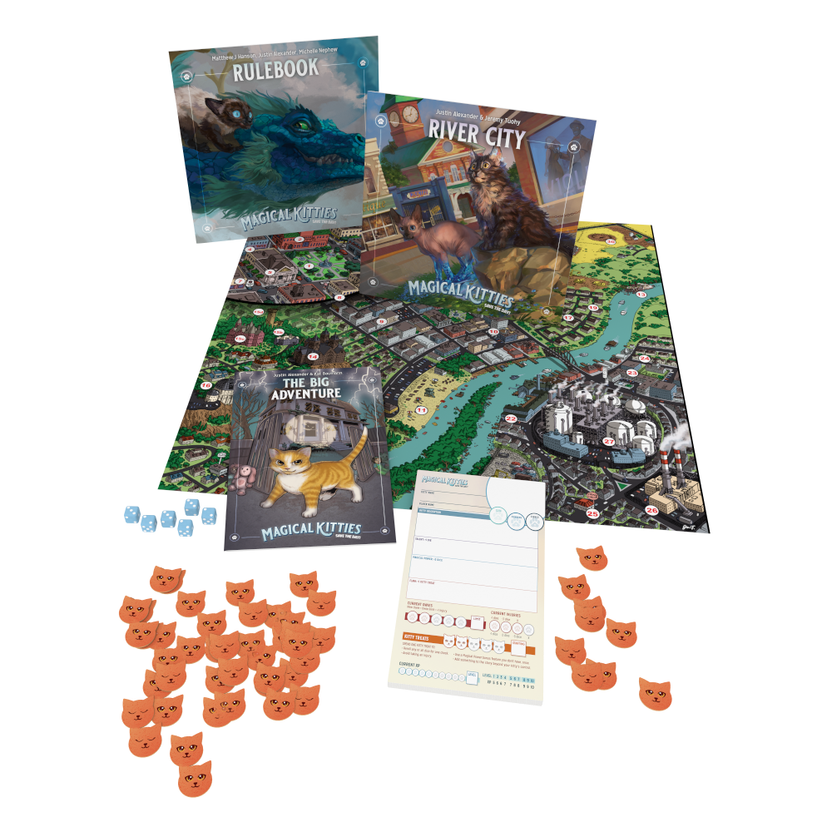 Magical Kitties Save the Day RPG with books, dice, cards, tokens, and game components