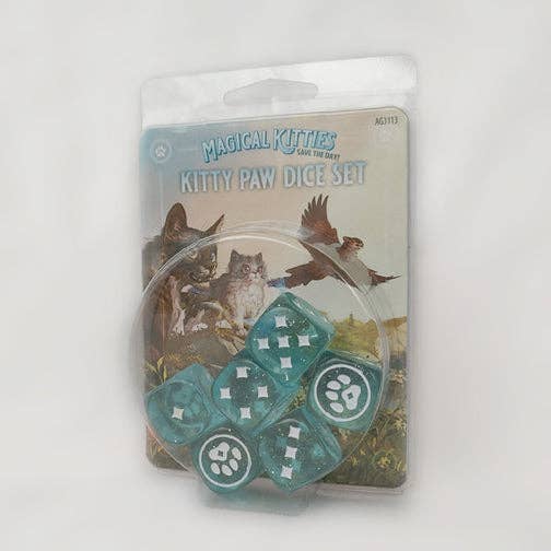 Magical Kitties Save the Day Kitty Paw Dice Set in packaging with sparkly blue dice