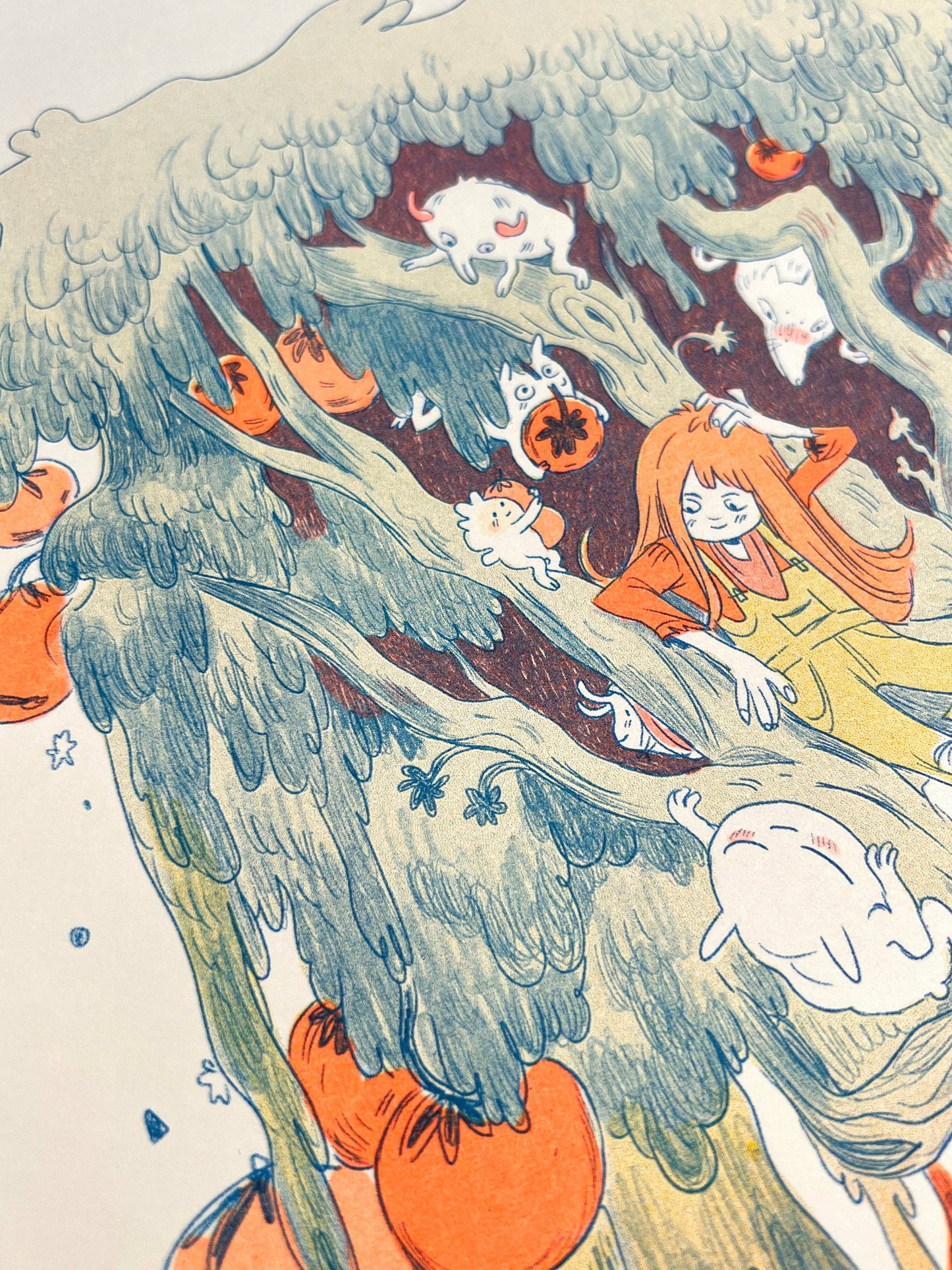 Magical Orange Tree risograph print, Natalie Andrewson riso art, large riso print 11x17, fluorescent orange blue riso, updated color edition riso print, enchanted tree art print, fantasy fruit tree illustration, indie printmaker risograph, vibrant layered ink artwork, collectible risograph poster, Rogue & Rye artist collection.