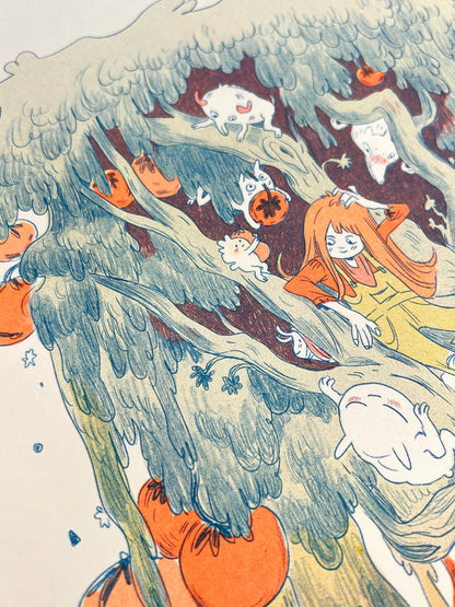 Magical Orange Tree risograph print, Natalie Andrewson riso art, large riso print 11x17, fluorescent orange blue riso, updated color edition riso print, enchanted tree art print, fantasy fruit tree illustration, indie printmaker risograph, vibrant layered ink artwork, collectible risograph poster, Rogue & Rye artist collection.