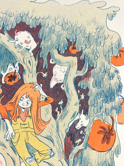 Magical Orange Tree risograph print, Natalie Andrewson riso art, large riso print 11x17, fluorescent orange blue riso, updated color edition riso print, enchanted tree art print, fantasy fruit tree illustration, indie printmaker risograph, vibrant layered ink artwork, collectible risograph poster, Rogue & Rye artist collection.