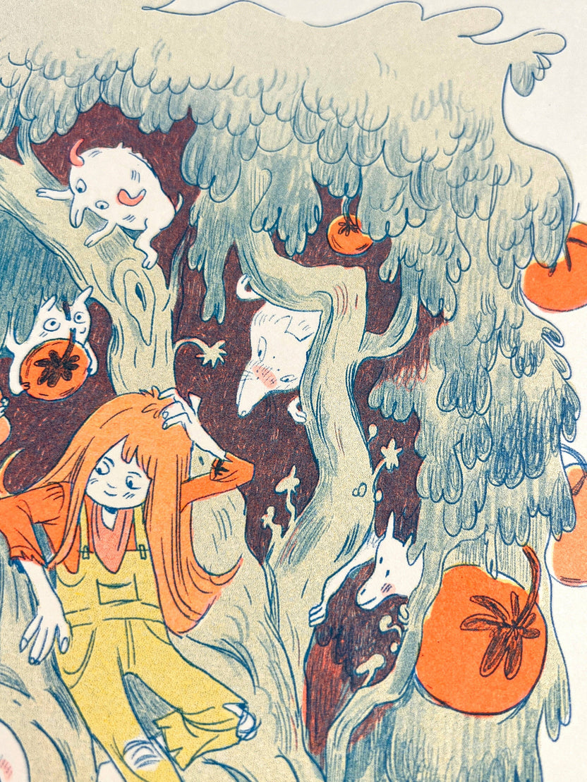 Magical Orange Tree risograph print, Natalie Andrewson riso art, large riso print 11x17, fluorescent orange blue riso, updated color edition riso print, enchanted tree art print, fantasy fruit tree illustration, indie printmaker risograph, vibrant layered ink artwork, collectible risograph poster, Rogue & Rye artist collection.
