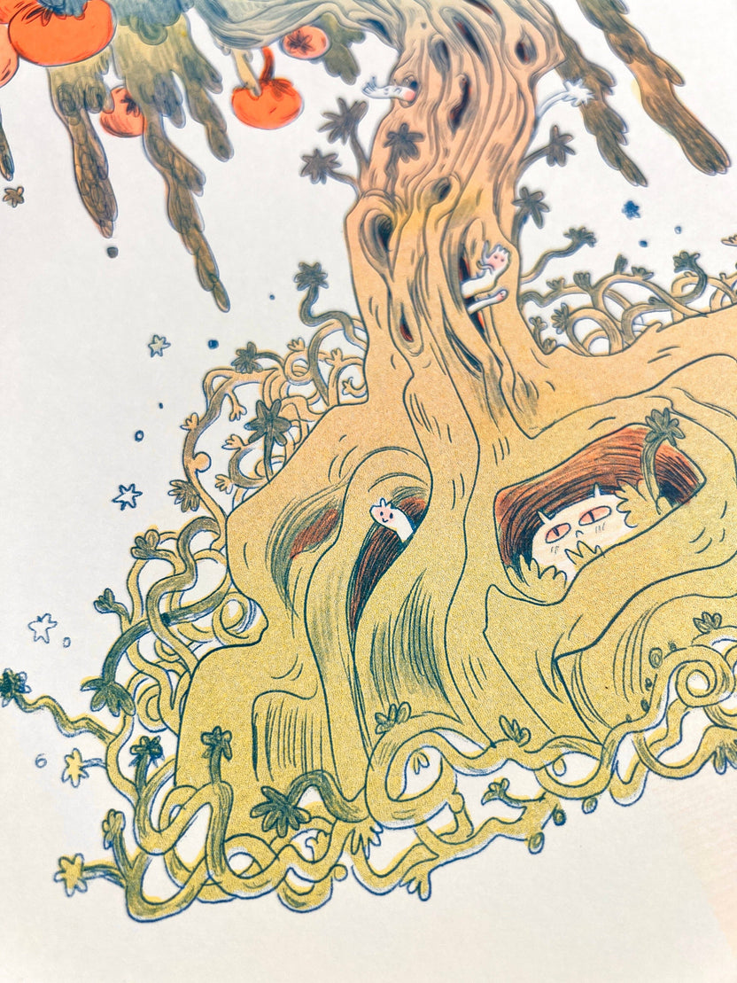 Magical Orange Tree risograph print, Natalie Andrewson riso art, large riso print 11x17, fluorescent orange blue riso, updated color edition riso print, enchanted tree art print, fantasy fruit tree illustration, indie printmaker risograph, vibrant layered ink artwork, collectible risograph poster, Rogue & Rye artist collection.