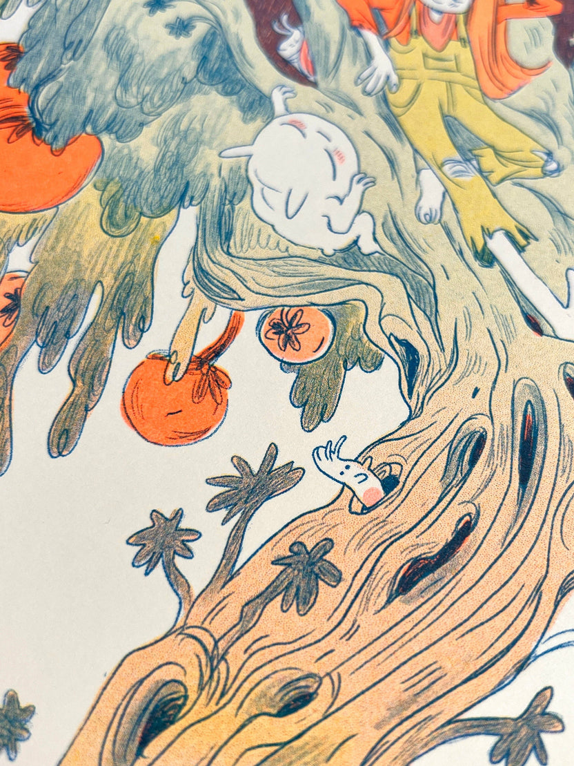 Magical Orange Tree risograph print, Natalie Andrewson riso art, large riso print 11x17, fluorescent orange blue riso, updated color edition riso print, enchanted tree art print, fantasy fruit tree illustration, indie printmaker risograph, vibrant layered ink artwork, collectible risograph poster, Rogue & Rye artist collection.