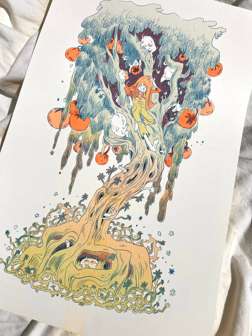 Magical Orange Tree risograph print, Natalie Andrewson riso art, large riso print 11x17, fluorescent orange blue riso, updated color edition riso print, enchanted tree art print, fantasy fruit tree illustration, indie printmaker risograph, vibrant layered ink artwork, collectible risograph poster, Rogue & Rye artist collection.