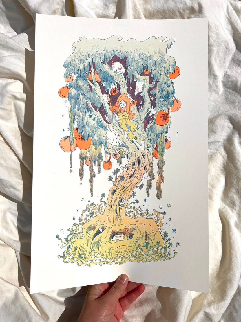 Magical Orange Tree risograph print, Natalie Andrewson riso art, large riso print 11x17, fluorescent orange blue riso, updated color edition riso print, enchanted tree art print, fantasy fruit tree illustration, indie printmaker risograph, vibrant layered ink artwork, collectible risograph poster, Rogue & Rye artist collection.