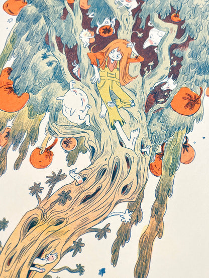 Magical Orange Tree risograph print, Natalie Andrewson riso art, large riso print 11x17, fluorescent orange blue riso, updated color edition riso print, enchanted tree art print, fantasy fruit tree illustration, indie printmaker risograph, vibrant layered ink artwork, collectible risograph poster, Rogue & Rye artist collection.