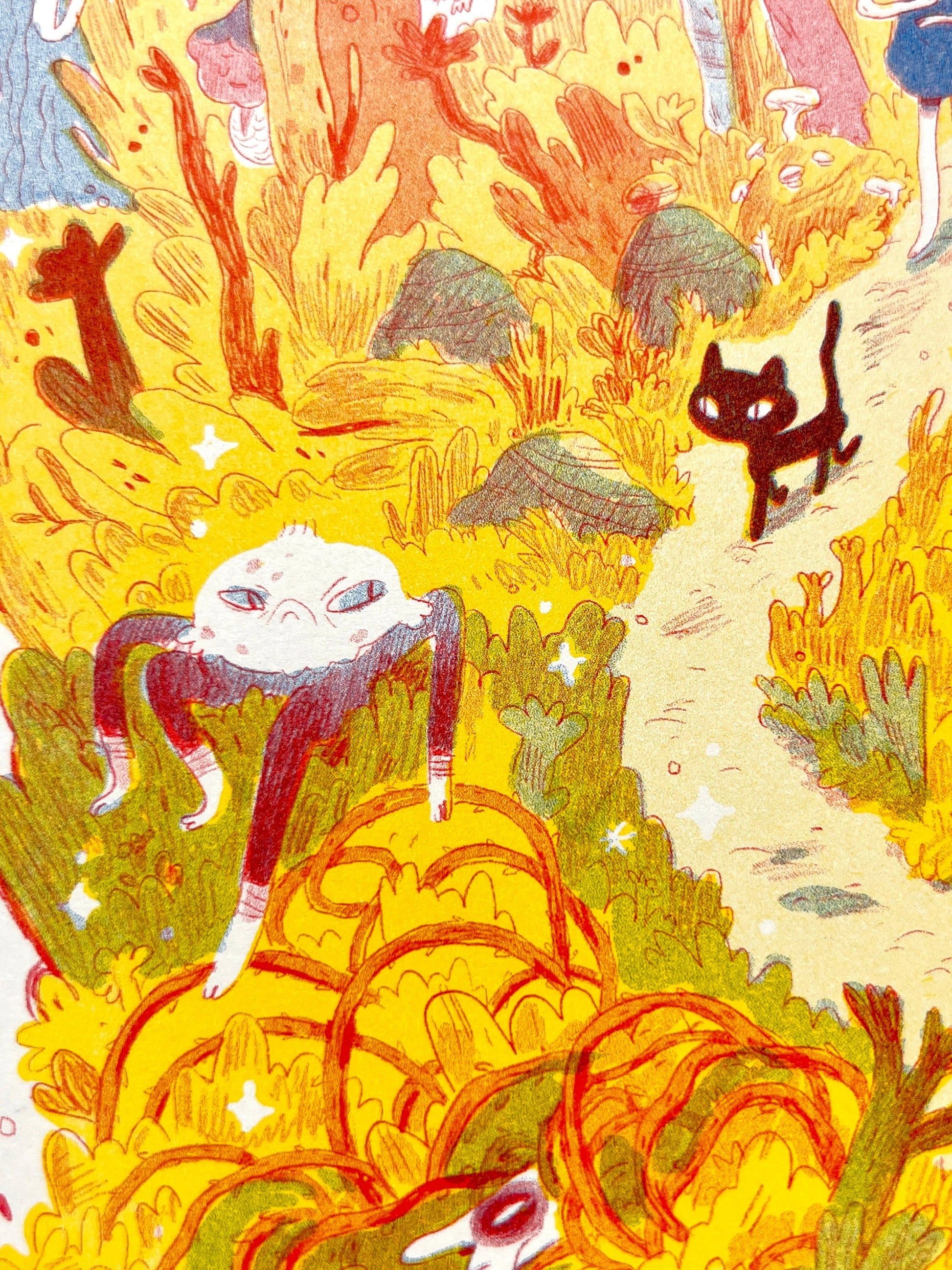 Mamuanna risograph print, Natalie Andrewson riso print, SVA RisoLAB residency art, early risograph artwork, fluorescent pink blue yellow riso, indie printmaker art, narrative comic artwork, vibrant riso illustration, square riso print, collectible risograph art, Los Angeles printmaker, Rogue & Rye artist collection.