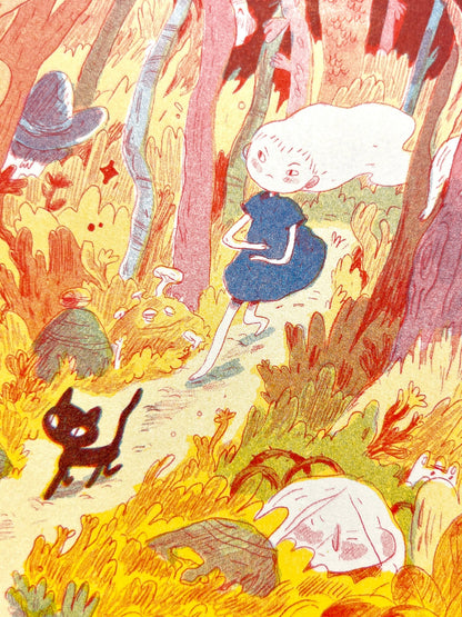 Mamuanna risograph print, Natalie Andrewson riso print, SVA RisoLAB residency art, early risograph artwork, fluorescent pink blue yellow riso, indie printmaker art, narrative comic artwork, vibrant riso illustration, square riso print, collectible risograph art, Los Angeles printmaker, Rogue & Rye artist collection.