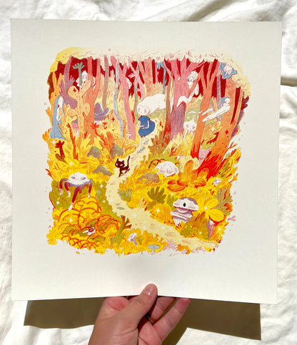 Mamuanna risograph print, Natalie Andrewson riso print, SVA RisoLAB residency art, early risograph artwork, fluorescent pink blue yellow riso, indie printmaker art, narrative comic artwork, vibrant riso illustration, square riso print, collectible risograph art, Los Angeles printmaker, Rogue & Rye artist collection.