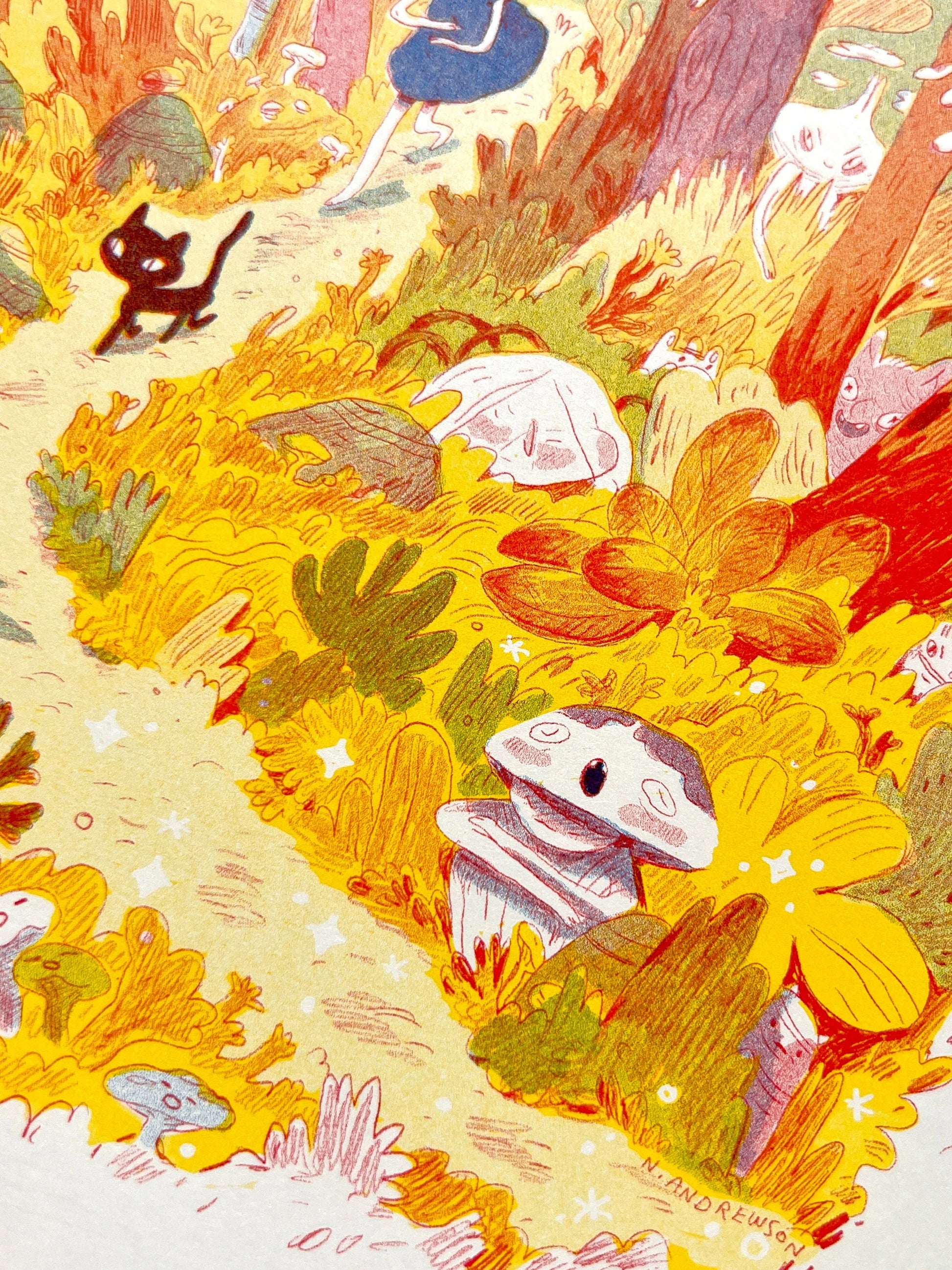 Mamuanna risograph print, Natalie Andrewson riso print, SVA RisoLAB residency art, early risograph artwork, fluorescent pink blue yellow riso, indie printmaker art, narrative comic artwork, vibrant riso illustration, square riso print, collectible risograph art, Los Angeles printmaker, Rogue & Rye artist collection.