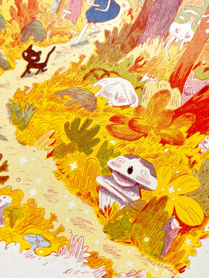 Mamuanna risograph print, Natalie Andrewson riso print, SVA RisoLAB residency art, early risograph artwork, fluorescent pink blue yellow riso, indie printmaker art, narrative comic artwork, vibrant riso illustration, square riso print, collectible risograph art, Los Angeles printmaker, Rogue & Rye artist collection.