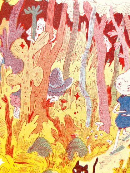 Mamuanna risograph print, Natalie Andrewson riso print, SVA RisoLAB residency art, early risograph artwork, fluorescent pink blue yellow riso, indie printmaker art, narrative comic artwork, vibrant riso illustration, square riso print, collectible risograph art, Los Angeles printmaker, Rogue & Rye artist collection.